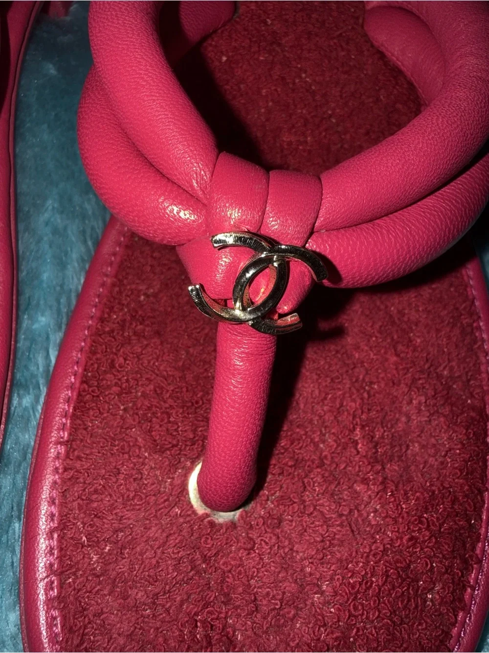 CHANEL red leather & pink terry cloth FLAT THONG Sandals Shoes 38